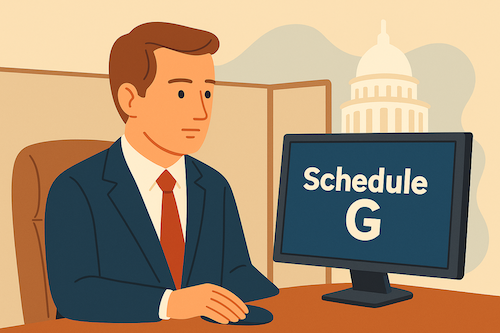 Federal employee sitting in front of a computer screen that shows the words "Schedule G."